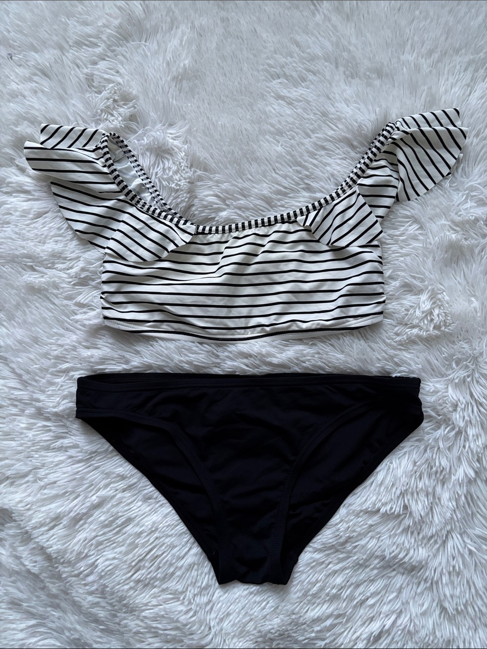 Vince Camuto Black & White Striped Ruffle Bikini Set